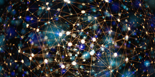 white, light blue, and yellow dots connected to a network in front of a black surface